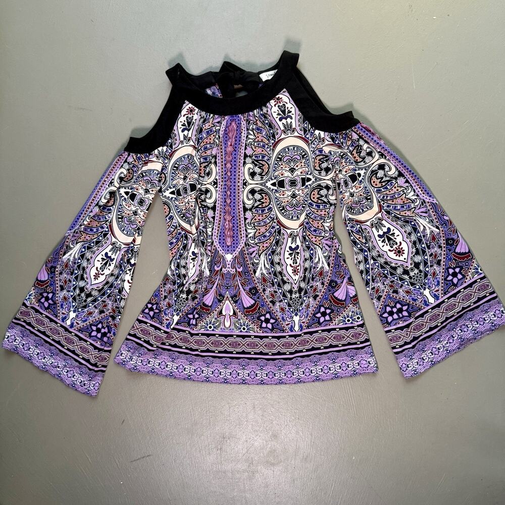 5 Twelve Cold Shoulder Blouse XS Whimsygoth Bell Sleeve Paisley Festival